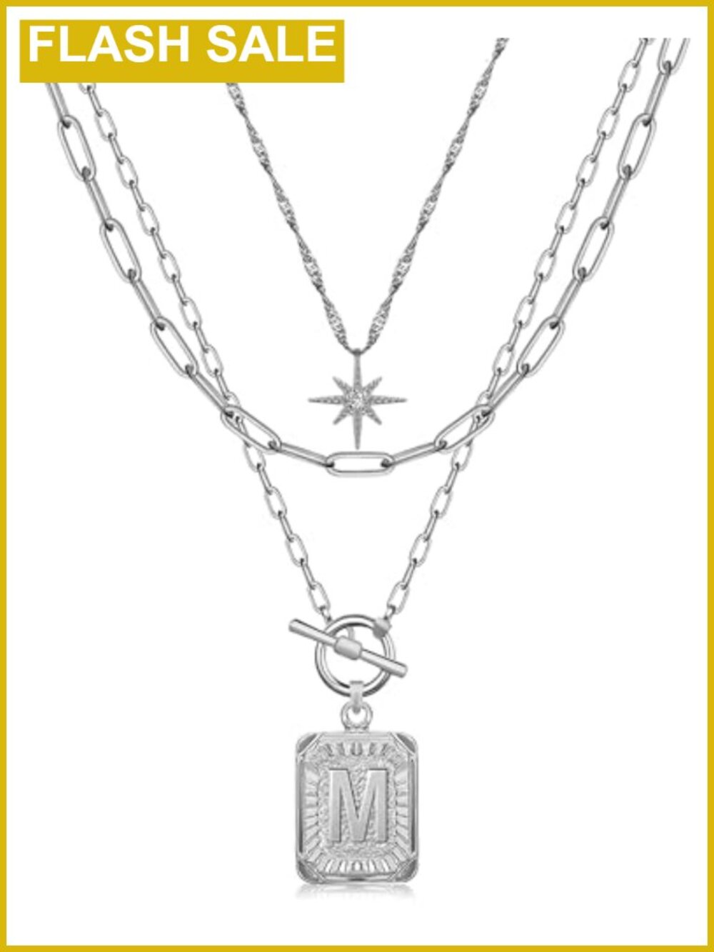 Layered Initial Necklace Set 14K White Gold Plated Brass Paperclip Chain
